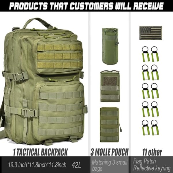 ANJINU Black Tactical Backpack for Men, Military Backpack, Molle Backpack, 42L, Waterproof, Large Army 3 Day Assault Pack (Green) - 图片 2