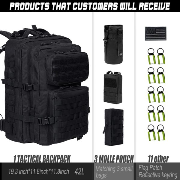 ANJINU Black Tactical Backpack for Men, Military Backpack, Molle Backpack, 42L, Waterproof, Large Army 3 Day Assault Pack (Black-4pack) - 图片 2